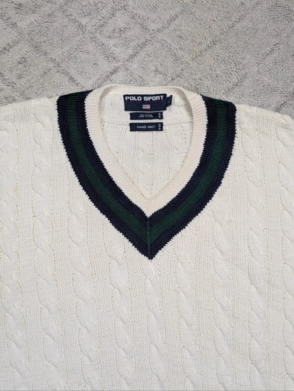 Polo Sport Ralph Lauren Sweater Mens L White Cable Knit Cricket Jumper Prep Y2K
